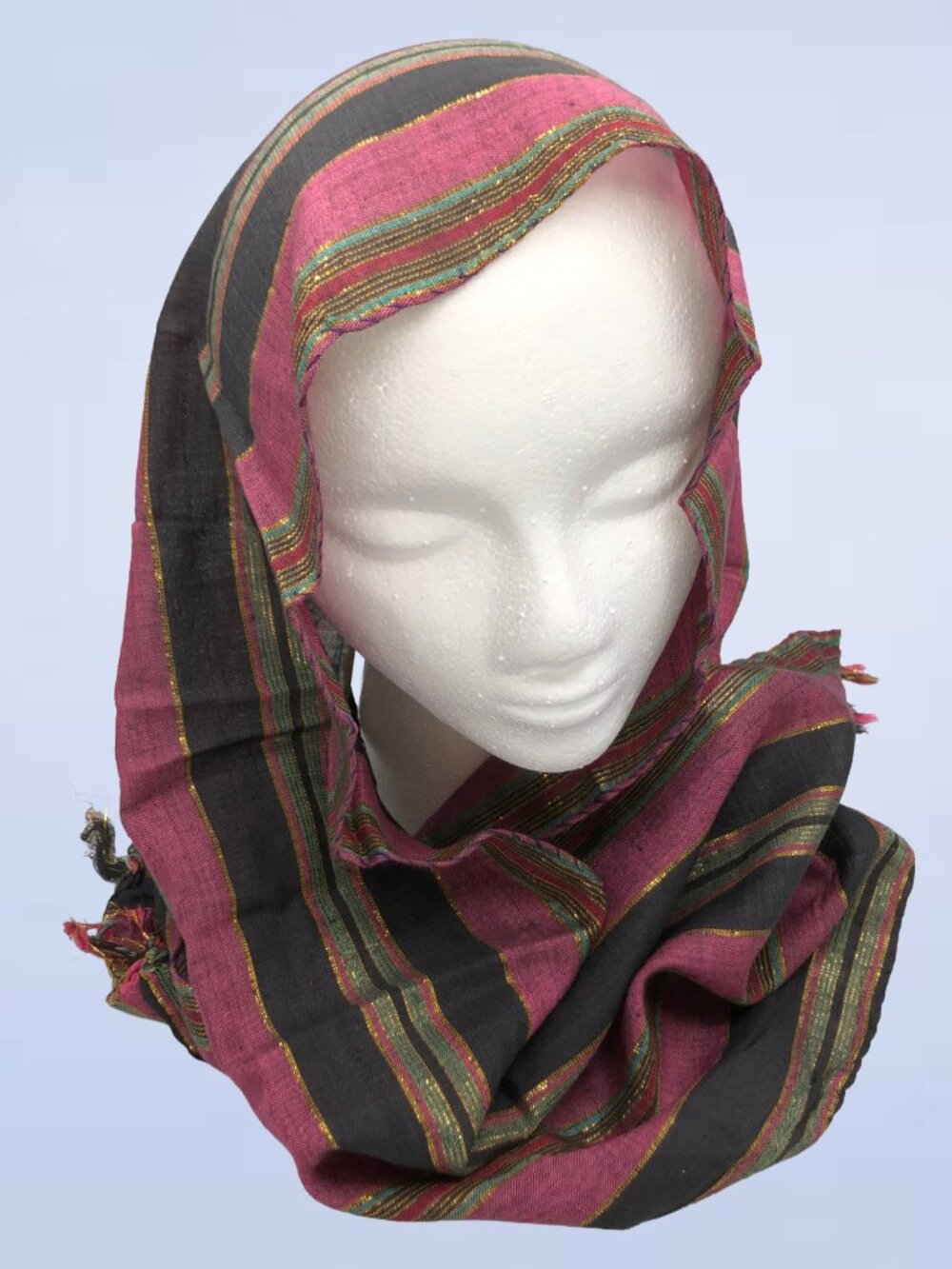 Pink Green Black Striped Silk Linen Scarf Gold Accents Hand Rolled Hem Boho